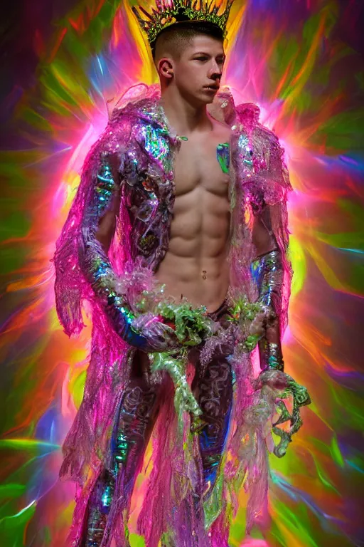 Image similar to full-body rococo and cyberpunk delicate neon crystalline sculpture of (((muscular slender Nick Jonas))) as an iridescent humanoid deity wearing a thin see-through ((plastic hooded cloak)) sim roupa (holding a human skull), reclining con (las piernas abiertas), glowing pink face, crown of (((white lasers))), large diamonds, swirling black silk fabric. futuristic elements. oozing glowing liquid, full-length view. space robots. intricate artwork by caravaggio. Trending on artstation, octane render, cinematic lighting from the right, hyper realism, octane render, 8k, depth of field, 3D