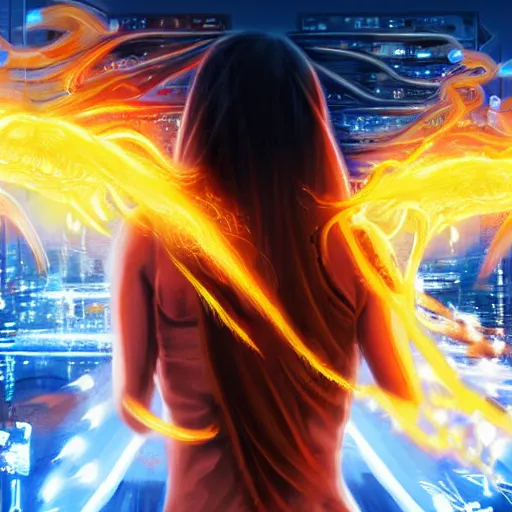 Prompt: young blonde with long hair woman from behind with flames coming out of hands flying in a cyberpunk city, very detailed, realistic, symmetrical face, art by digital painting,