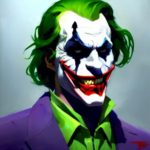 Image similar to Greg Manchess portrait painting of The Joker as Overwatch character, medium shot, asymmetrical, profile picture, Organic Painting, sunny day, Matte Painting, bold shapes, hard edges, street art, trending on artstation, by Huang Guangjian and Gil Elvgren and Sachin Teng