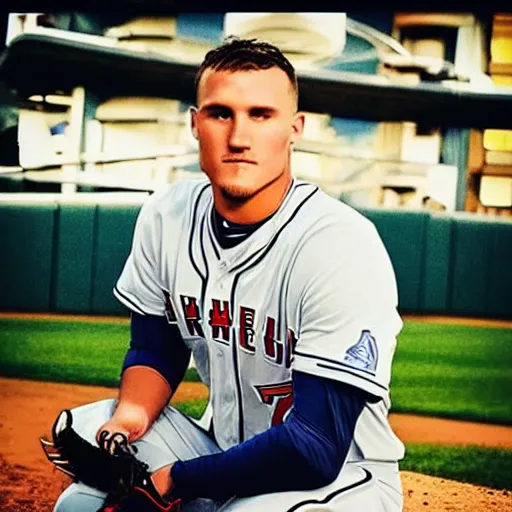 Image similar to “a realistic photo of a guy who is an attractive baseball player man who is half robot and half humanoid, who is a robot, Mike Trout, shiny skin, blue eyes”