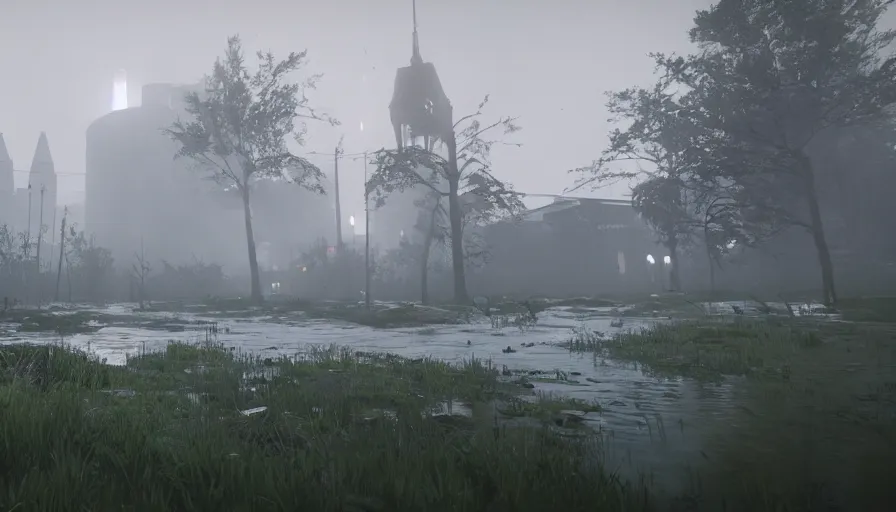 Prompt: a white fluffy cat in dark, misty, foggy, dank, green, muddy, bog, marsh, flooded chicago city street swamp in destiny 2, liminal creepy, dark, dystopian, abandoned, highly detailed 4 k in - game destiny 2 screenshot gameplay showcase