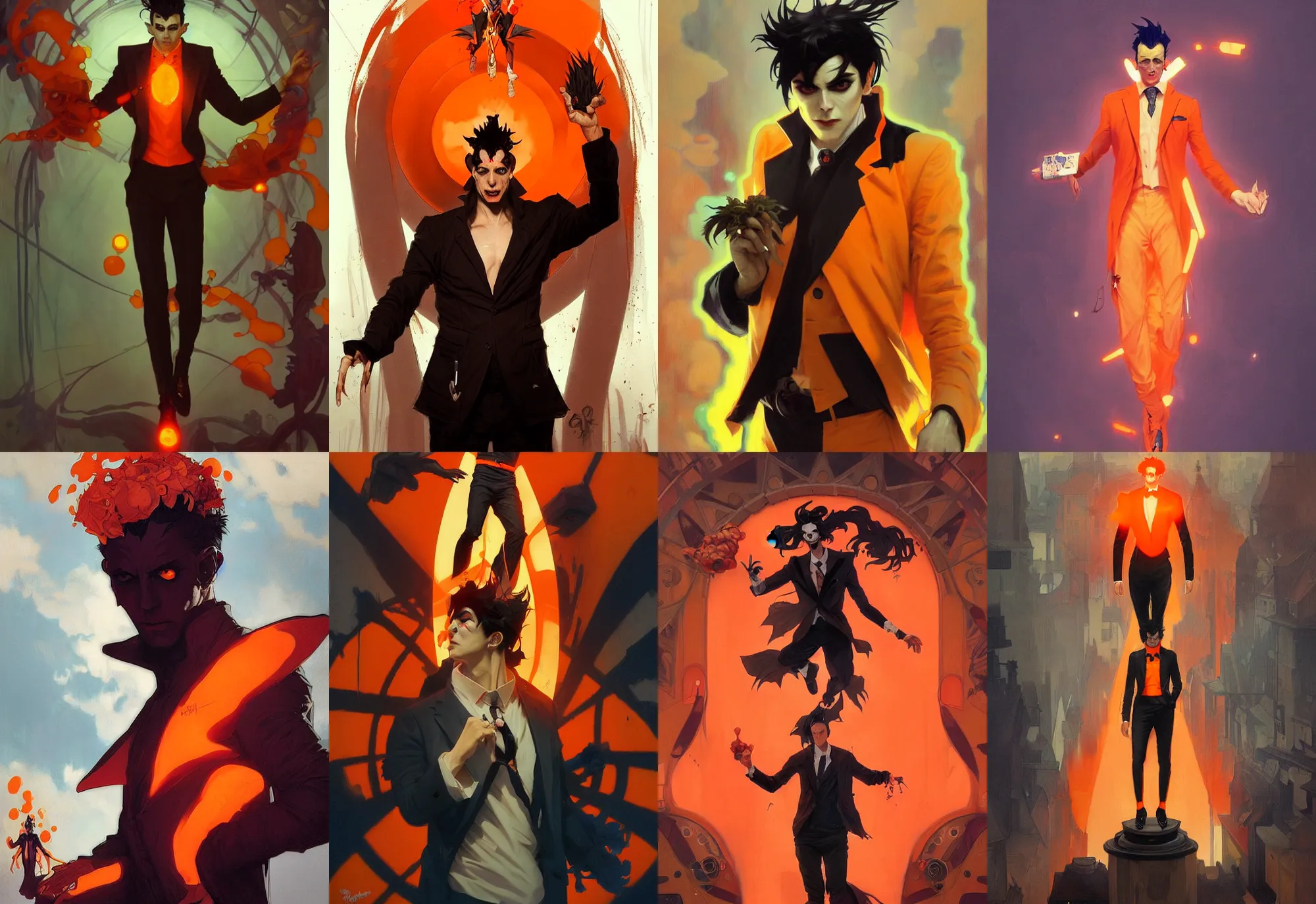 Prompt: a mad guy with spike black hair, orange aura, orange suit, floating, painted artgerm and greg rutkowski and alphonse mucha, trending on artstation