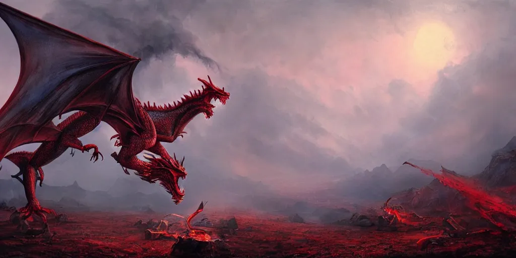 Prompt: realistic painting of a dragon eating its own heart, post - war scenery, red - toned mist, epic environment, skeletons, ultra wide angle, 8 k, ultra _ realistic, art by nills ham and alan lee