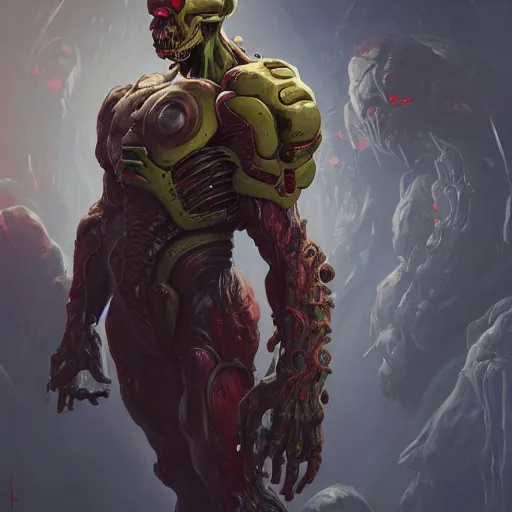 Image similar to doom eternal, mutant, tubes fused with the body, front view, painted by stanley lau, painted by greg rutkowski, painted by stanley, artgerm, masterpiece, digital art, trending on arts