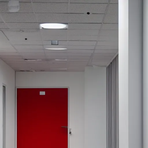 Prompt: a long featureless white office hallways with one red door at the end, liminal space,