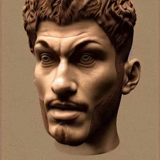 Image similar to a 3 / 4 portrait of a crazy eyed greek god, by antonio mello, 3 d nft, cgsociety, rendered in maya