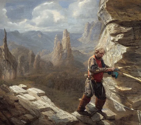 Prompt: landscape portrait of a man working on a building out of hand hewn brimstone, all alone by william sidney mount, trending on artstation