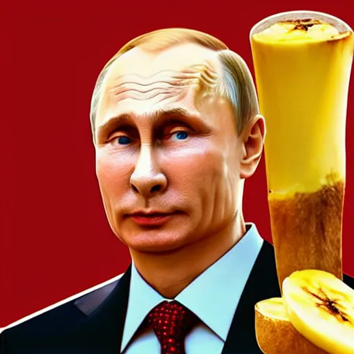 Image similar to vladimir putin endorsing a creme brulee with banana slice on top, digital art