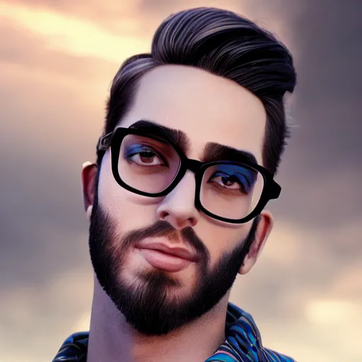 Prompt: electric ducktail bearded young middle eastern american male with black wayfarer glasses, cute - fine - face, pretty face, oil slick hair, realistic shaded perfect face, extremely fine details, realistic shaded lighting, dynamic background, artgerm, 8 k ultra realistic, highly detailed, octane render, ivan aivazovsky