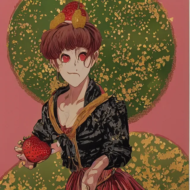 Prompt: the lone maid in the strawberry cream mountains. gouache and gold leaf by the award - winning mangaka