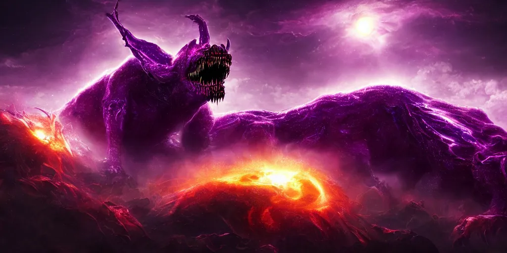 Image similar to Horrific cosmic beast consumes distant future city, megacity collapsing and imploding, beast emerging from timespace tear, cinematic lighting, PBR, hyperrealistic, oil painting, purple crimson color scheme