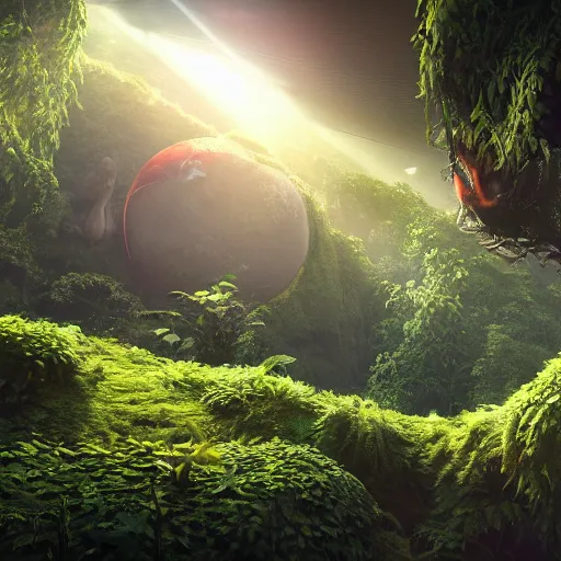 Prompt: cinema 4D cinematic render, utopian jungle in space ,a detailed zoned in human anatomy veins, nature, heavy green, dramatic lens flares,far view apes hanging from vines, a evil dark sun , depth field, unreal engine, sharp, incredible detail, professional composition, quality digital art, 4k, 4k concept art and hyper realism