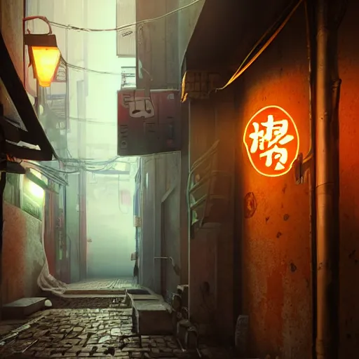 Prompt: a narrow alley with a sign in the middle of it, cyberpunk art by pan tianshou, cgsociety contest winner, shin hanga, unreal engine 5, rendered in unreal engine, world captured through photogrammetry and dissolved with real - time vfx art by ruben fro