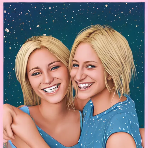 Image similar to two young beautiful blond women, smiling and hugging each other, digital art, illustration