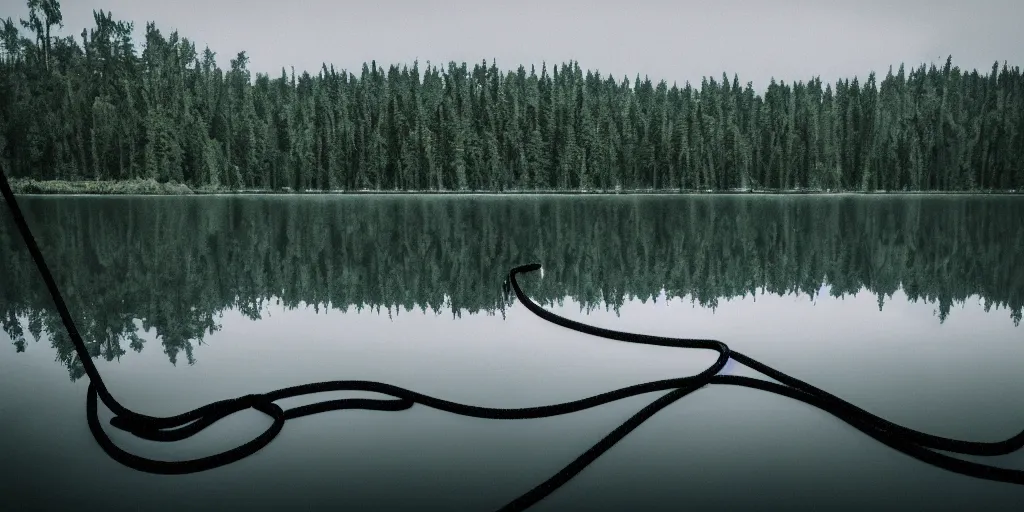 Image similar to centered photograph of a long rope snaking directly on the surface of the water, dark lake on a cloudy day, color film, trees in the background, hyper detailed photo, anamorphic lens