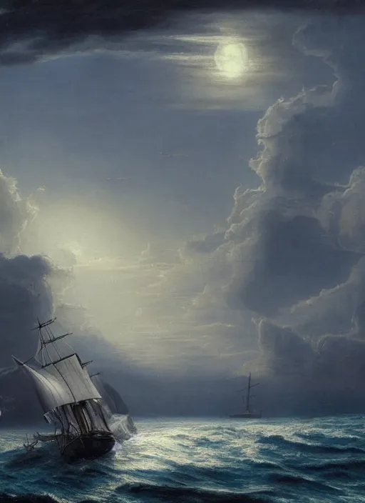 Image similar to painting of a ship in the middle of the ocean, a detailed matte painting by vilhelm lundstrøm, cgsociety, neo - romanticism, chillwave, matte drawing, official art