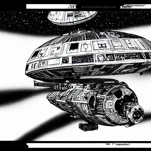 Image similar to black and white drawing of a landed spaceship with greebles, star wars, Nostromo, galactica