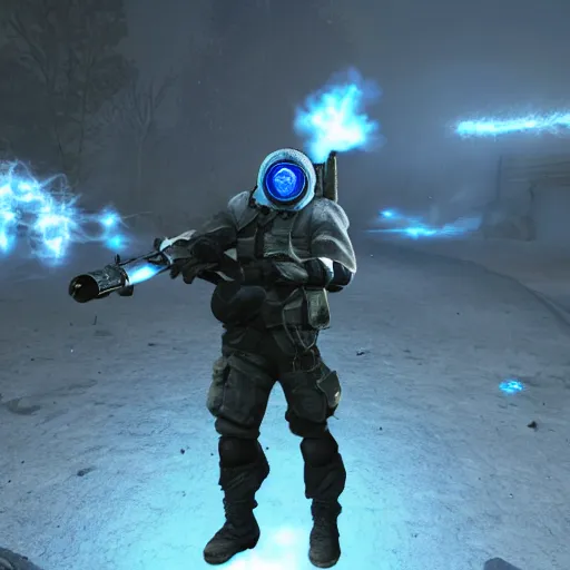 Prompt: a heavily armored soldier wearing a gasmask, glowing blue eyes, in source engine