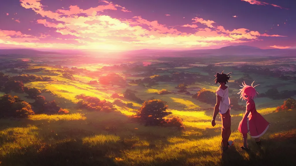 Prompt: 2 1 savage on the hillside and looked sky, dusk sky, beautiful sunset glow, large clouds, rich vivid colors, ambient lighting, dynamic lighting, official media, anime key visual, detailed, artwork by makoto shinkai, rossdraws.