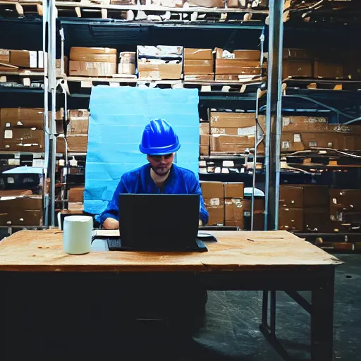 Image similar to a polaroid photo of man using a laptop inside in warehouse, he sitting on chair and small table, he's wearing blue cloth and construction hat, photo from behind, high details, perfect face shape