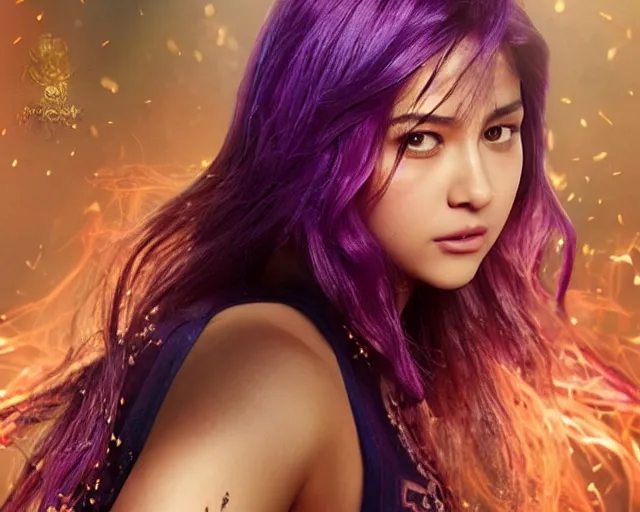 Prompt: cute Liza Soberano in epic battle pose, cinematic, 4k, hyper realistic, super detailed, colorful accents, purple hair, golden ratio, symmetrical face, highly detailed professional photo