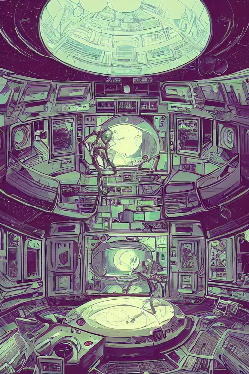 Prompt: Inside a room alien spaceship with large window that provide a scenic view of a huge planet can be seen in the background, Highly detailed labeled, poster, aesthetic, haeccety by Feng Zhu and Loish and Laurie Greasley