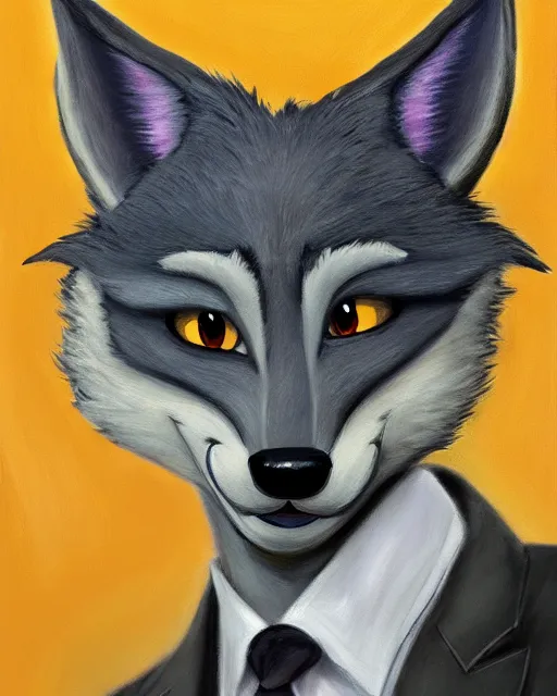 Image similar to oil painting of anthromorphic female wolf, in style of zootopia, female fursona, furry, furaffinity, 4 k, deviantart, furry art, fursona art, wearing black business suit, business suit, wolf fursona, female, very expressive detailed feminine face,