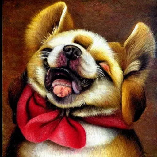 Image similar to a cute little bovaro mountain dog puppy, renaissance painting, high quality, bright colors