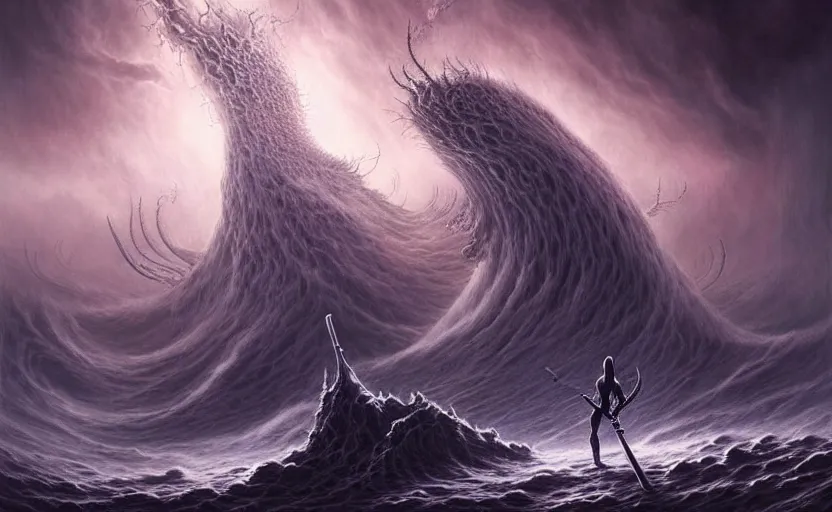 Prompt: beautiful digital fantasy illustration of a demon holding a staff!!, hellish background, a giant wave in the sky, apocalypse art!!!!, apocalypse landscape!!!!!, lovecraftian!!, cosmic horror!!!, concept art by Jarosław Jaśnikowski, a detailed matte painting by Dan Luvisi, cgsociety, fantasy art, highly detailed, soft lighting, rendered in octane, masterpiece, very very very aesthetic