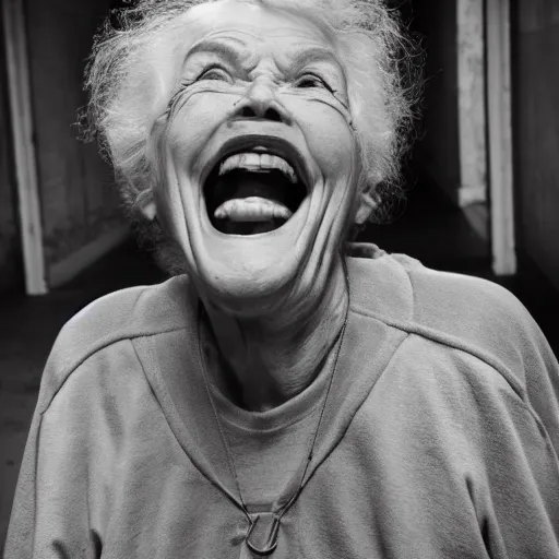 Image similar to scary old lady laughing in an abandoned prison, security camera, black and white, real