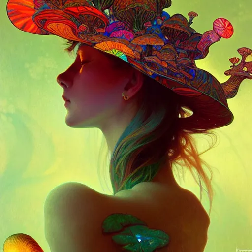 Image similar to A girl having an extremely colorful psychedelic experience, magic mushrooms, psilocybin, face, detailed, intricate, elegant, highly detailed, digital painting, artstation, concept art, smooth, sharp focus, illustration, art by Krenz Cushart and Artem Demura and alphonse mucha