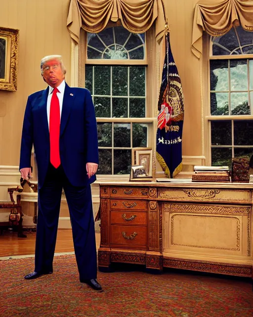 Image similar to donald trump with hippie hair, hippie clothes, smoking cannabis, standing in the oval office, photorealistic photographed in the style of annie leibovitz, studio lighting