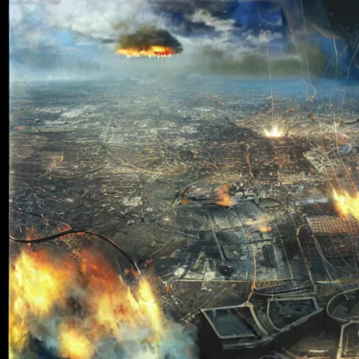 Prompt: aerial view of the full - metal irisdiscent hindenburg disaster, santiago of chile, pixeled fire from a fragmented neon - wired reality, matte painting by yoji shinkawa, esao andrews, yoshitaka amano and ryuichi sakamoto