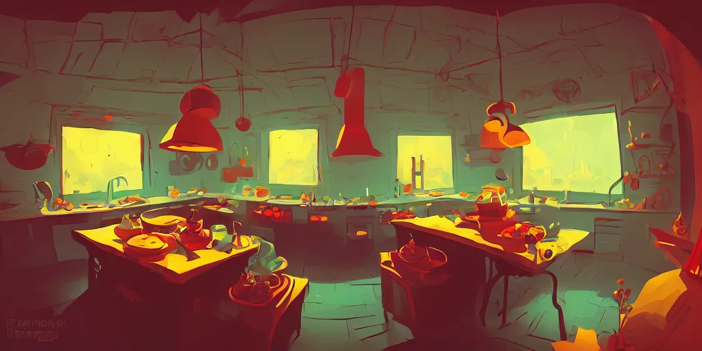 Image similar to epic illustration fisheye lens of a kitchen dim lit by 1 candle in a scenic environment by Anton Fadeev