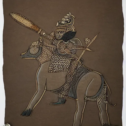 Prompt: tribal art of a warrior riding a bear into battle by japani shyam, highly detailed, very detailed, intricate, 8 k