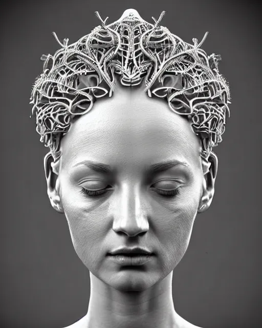 Image similar to bw 3 d render of a beautiful young female queen - cyborg - vegetal, intricate fractal ornament in the bust with a very long neck, elegant, highly detailed intricate rococo ornament in her silver long hair, realistic, refined, highly detailed, cinematic outdoor lighting, by flora borsi in the style of dora maar, volumetric lighting, hyper realistic photography