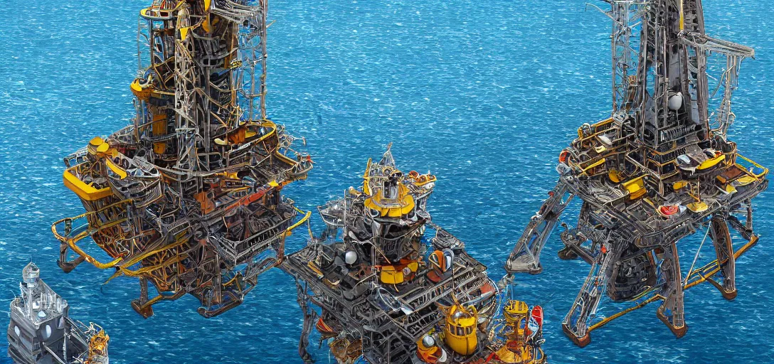 Prompt: offshore oil rig in treacherous waters, highly detailed, ultra detailed, award-winning, trending on artstation, megalophobia