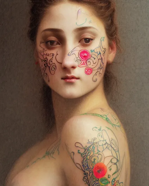 Prompt: close up of a beautiful girl with colourful intricate tattoos, by william - adolphe bouguereau, artistic, intricate drawing, realistic fantasy, extremely detailed and beautiful aesthetic face, 8 k resolution, dramatic lighting