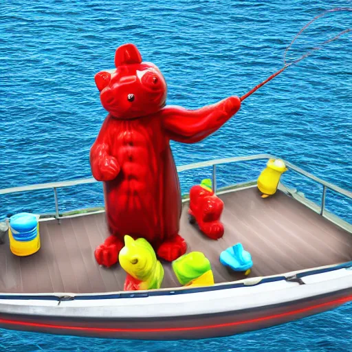 Prompt: life - sized gummi bear going deep sea fishing in a convertible sportfisherman boat. he is fishing for swedish fish candy and using gummi worm candy as bait. photorealistic digital art, epic fantasy, dramatic lighting, cinematic, extremely high detail, cinematic lighting, trending, artstation, cgsociety, 3 d, ue 5, 4 k, hq