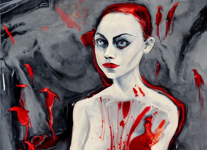 Image similar to a painting of annasophia robb bent with frozen cold stare, blood red background, transparent gray long dress, stockings, crows swarming trapped in the void as a symbol of death, in style of Francis Bacon, Ilya Kuvshinov, John Singer Sargant, impasto textures of Chaim Soutine and Frank Auerbach, American Gothic