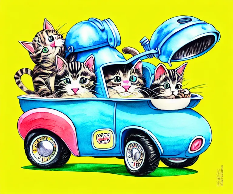 Image similar to cute and funny, kitten wearing a cookpot helmet driving a catnip truck like they stole it, ratfink style by ed roth, centered award winning watercolor pen illustration, isometric illustration by chihiro iwasaki, edited by craola, tiny details by artgerm and watercolor girl, symmetrically isometrically centered