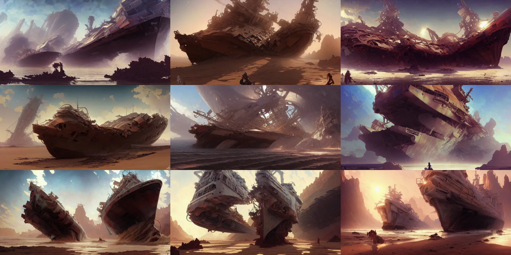 Prompt: ultra realistic beautiful gigantic cargo ship wrecked in the desert techno art, beautiful alluring anime teen, sci - fi, fantasy, intricate, elegant, highly detailed, digital painting, artstation, concept art, smooth, sharp focus, illustration, art by artgerm and alphonse mucha and tian zi and craig mullins