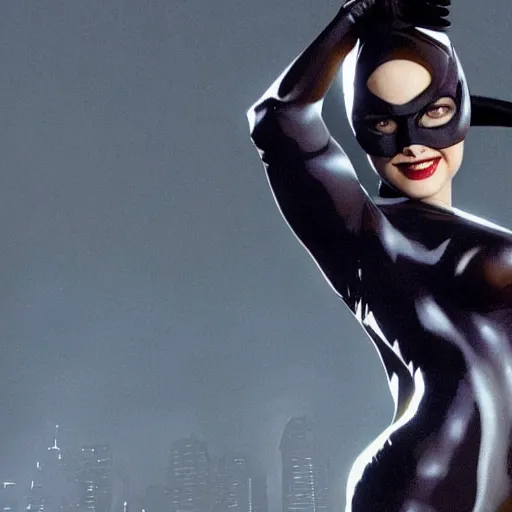 Image similar to High definition, high octane, award winning full body shot of Catwoman posing for the camera and carresing Batman, realistic.
