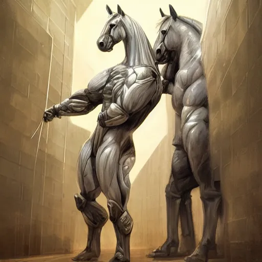 Prompt: an exaggeratedly muscular anthropomorphized horse whose body bulges with muscle wearing a kevlar combat outfit standing in a facility, long white mane, equine, anthro art, furaffinity, highly detailed, digital painting, artstation, concept art, illustration, art by artgerm, greg rutkowski, ruan jia