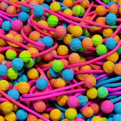 Prompt: photo of a colorful rubber band ball