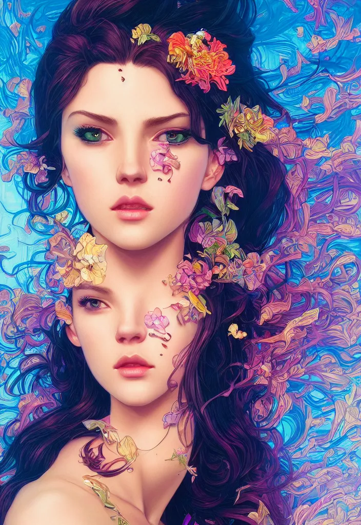 Image similar to beautiful, young woman, detailed gorgeous face, vaporwave aesthetic, synthwave, colorful, psychedelic, artstation, concept art, smooth, extremely sharp detail, finely tuned detail, ultra high definition, 8 k, unreal engine 5, ultra sharp focus, illustration, art by artgerm, greg rutkowski and alphonse mucha