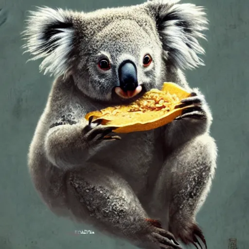 Prompt: Koala eating tacos, highly detailed, fantasy art, in the style of greg rutkowski, illustration, epic, fantasy, intricate, hyper detailed, artstation, concept art, smooth, sharp focus, ray tracing