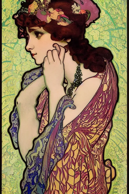 Image similar to art nouveau portrait en buste of flapper girl annasophia robb by Alphonse Mucha, by Aubrey Beardsley, by Gustav Klimt, by Maxfield Parrish, by Gerda Wegener, by Henri de Toulouse-Lautrec, bold moody colors, flamboyant clothes, bright gothic, roaring twenties