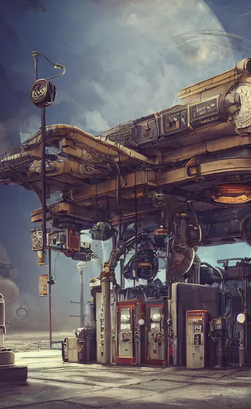 Image similar to steampunk gas station in space, concept art, polished, realistic, hard edges, zoomed in, very coherent, sharp focus, rim light, exquisite lighting, blue gradient, hard edges, sci - fi, cinematic, octane render