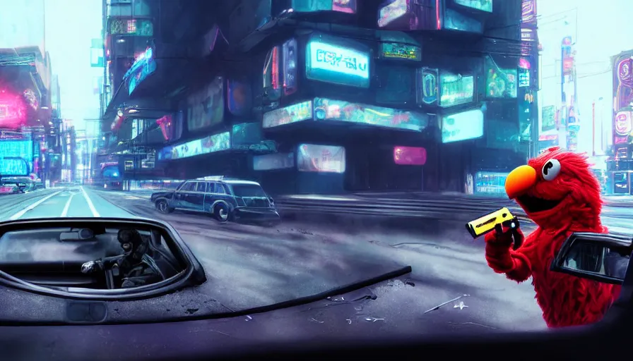 Prompt: elmo!! holding a pistol leans out of the window of a driving car in cyberpunk, digital art, rendering, hyperrealistic, photorealism